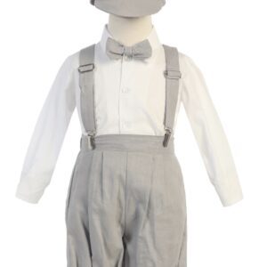 A gray outfit with suspenders and hat