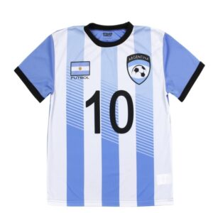 A blue and white striped soccer jersey with the number 1 0 on it.