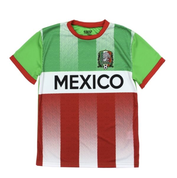 A green and red striped shirt with mexico on it.