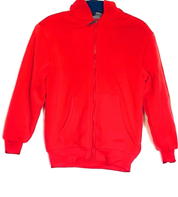 A red jacket is shown with no collar.