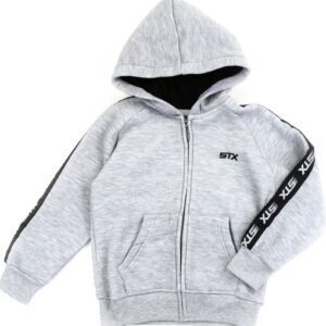 A gray hoodie with black and white stripes on the side.