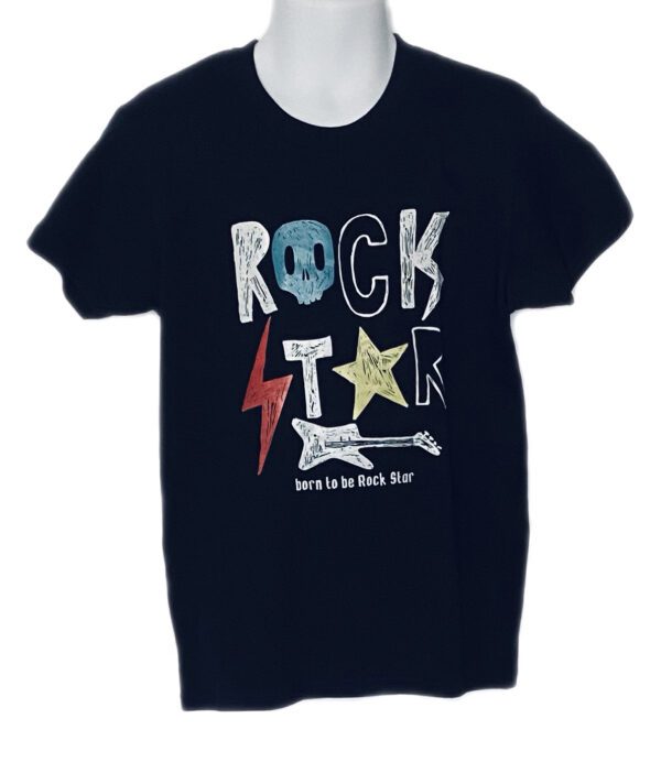 A black t-shirt with rock star written on it.