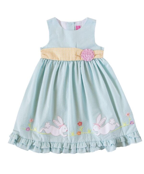 A blue dress with bunnies on it