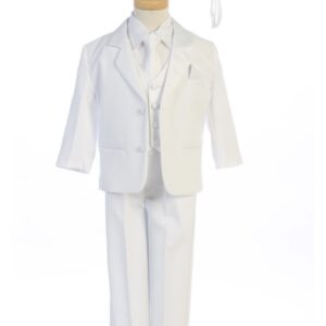 A white suit with a hat and tie.