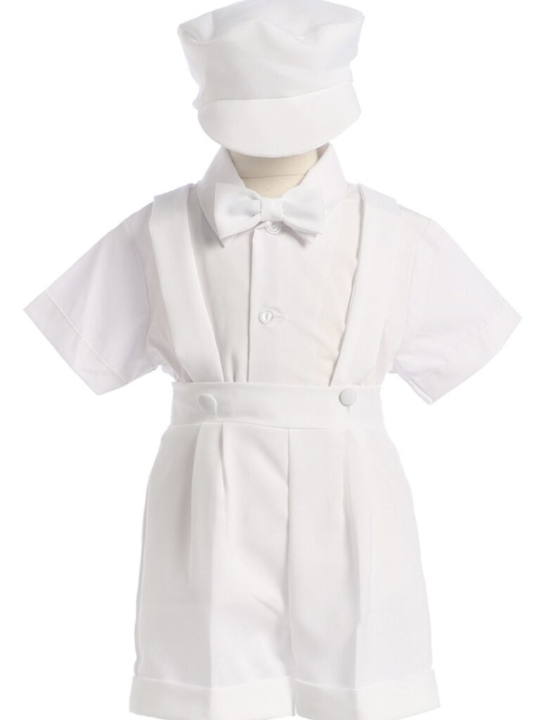 A white outfit with a hat and suspenders.
