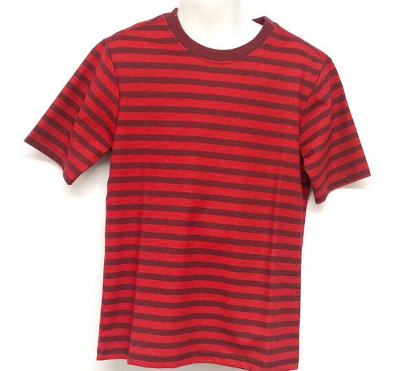 A red and black striped shirt is shown.