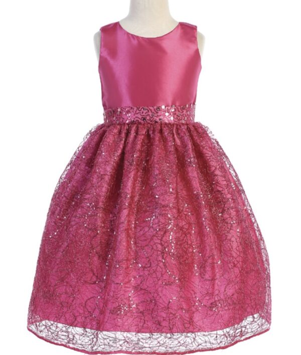 A pink dress with lace and sequins on the bottom.