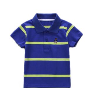 A blue and yellow striped polo shirt with a small logo on the chest.