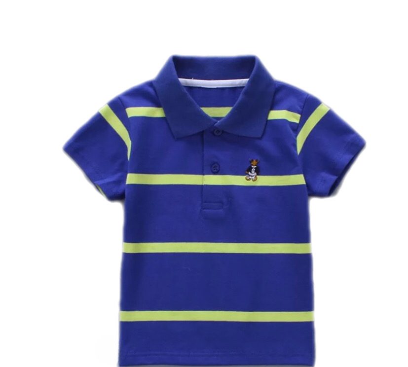 A blue polo shirt with yellow stripes