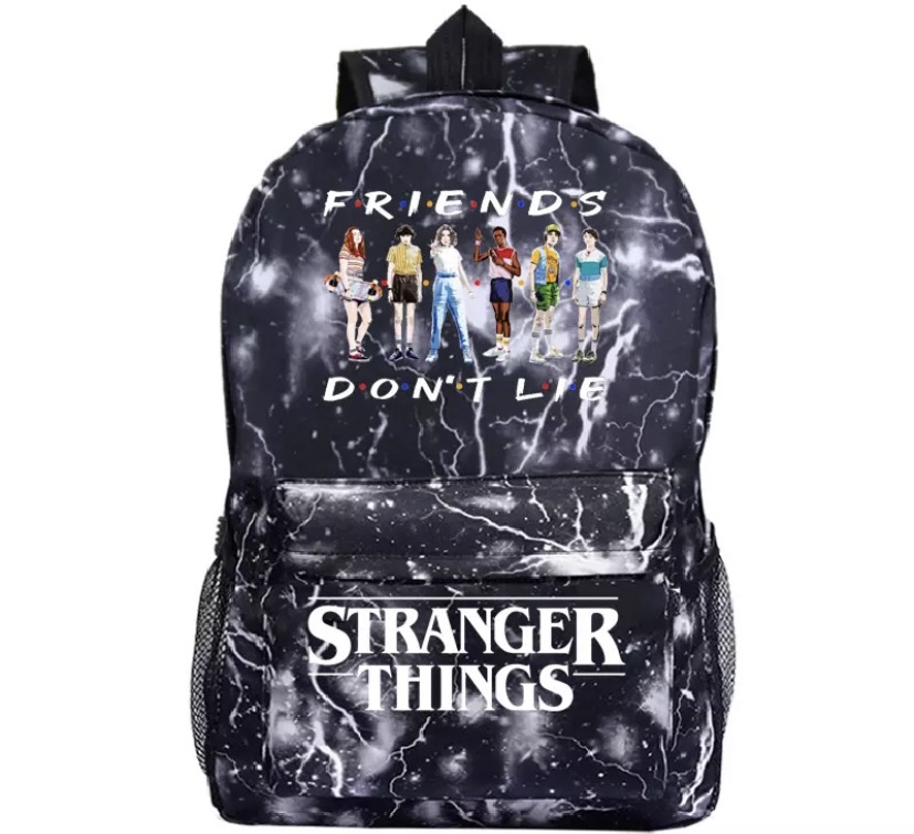 A black stranger things friends do not lie backpack