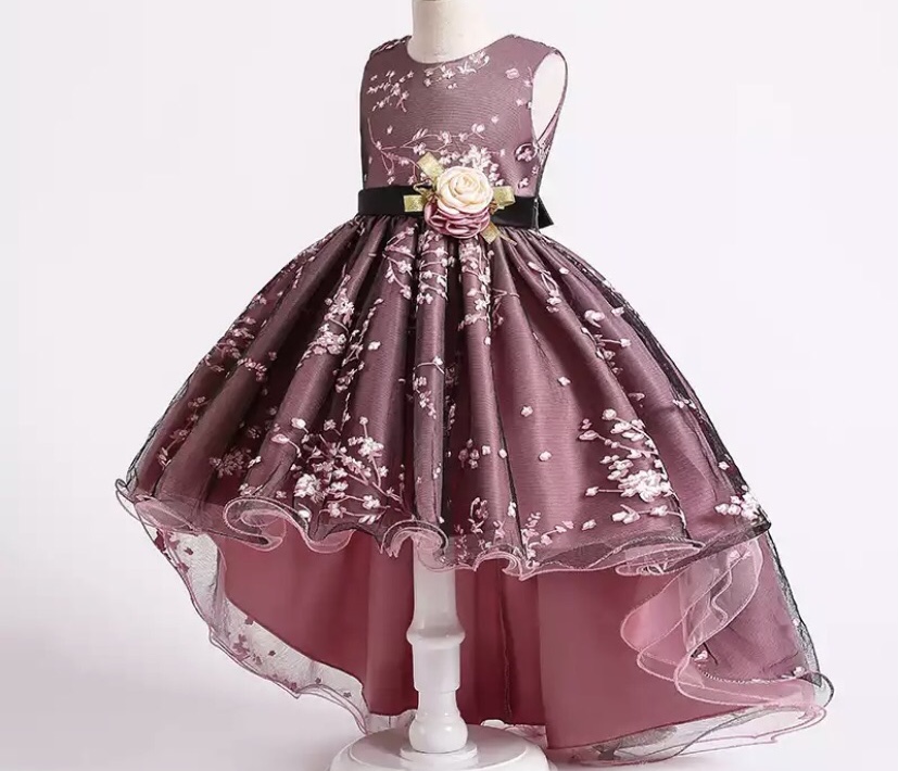 A dark pink floral frock with a flower bow