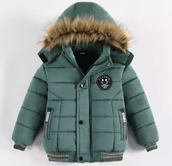 A green jacket with fur hood and buttons.