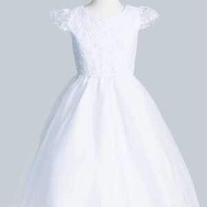 A white color frock with lace design on the top