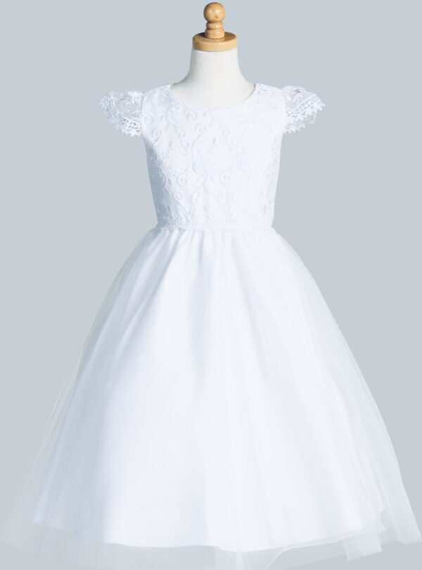 A white color frock with lace design on the top