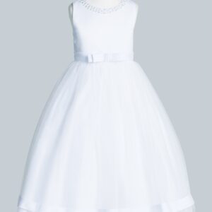 A white dress with a bow on the waist.