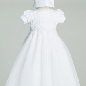 White color netted frock with short hands and hat