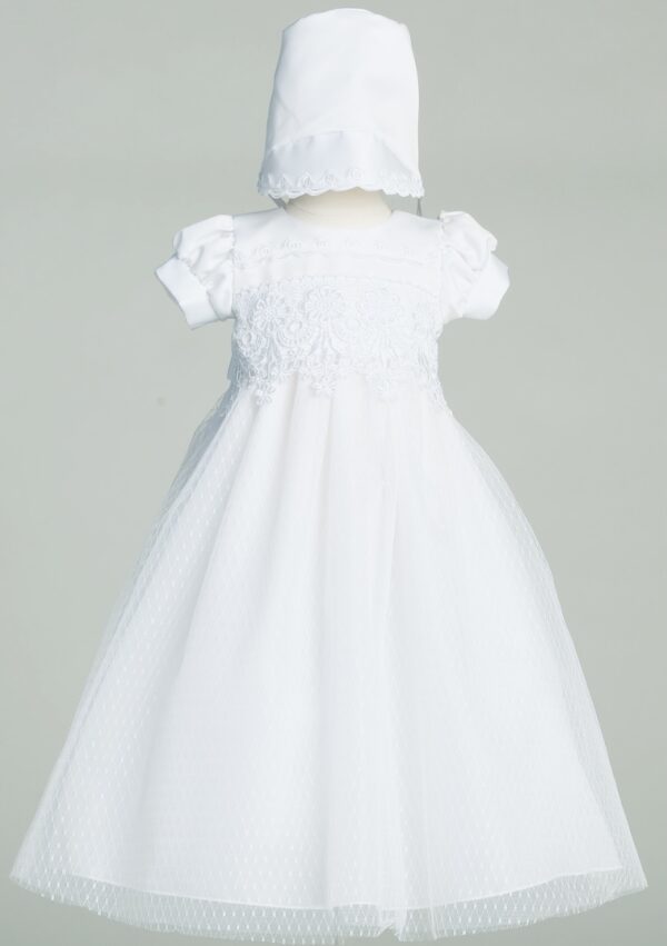 White color netted frock with short hands and hat