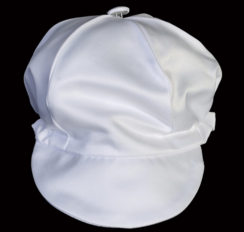 A white color satin hat with button