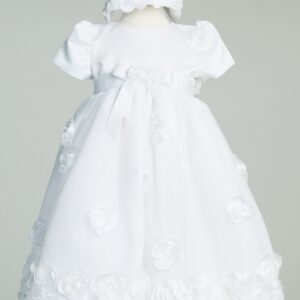 A white color roses embossed frock with hat