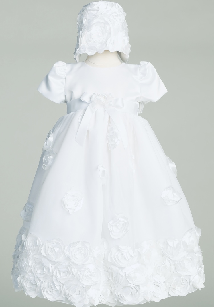 A white color roses embossed frock with hat