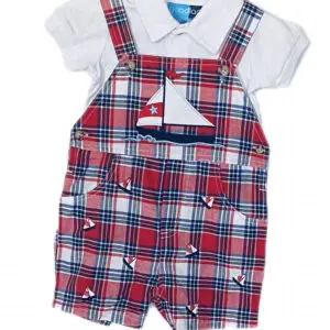 A red plaid shortall and shirt set with sailboats.