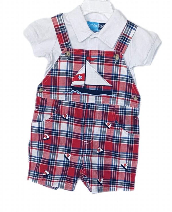 A red plaid shortall and shirt set with sailboats.