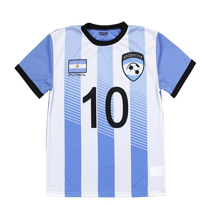 A blue and white striped soccer jersey with the number 1 0 on it.