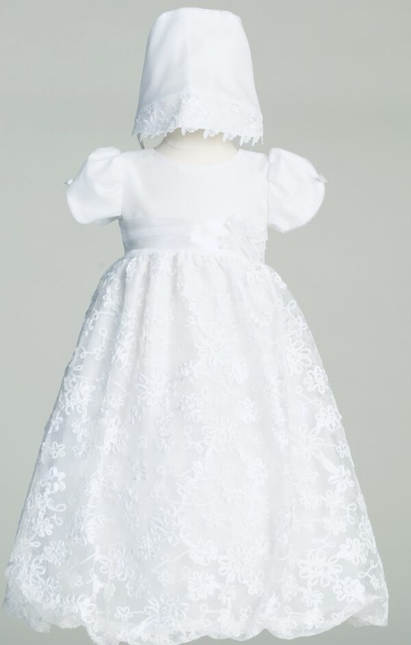 White color self design floral frock with hat