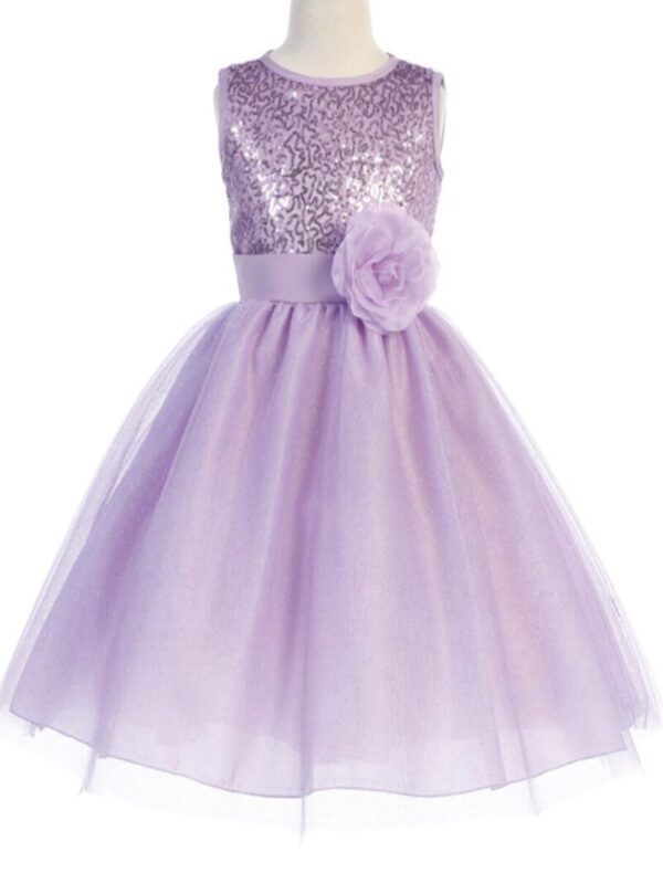 A lavender flower girl dress with sequins and tulle.
