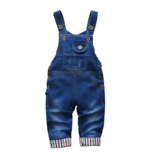 A pair of blue overalls are on display.