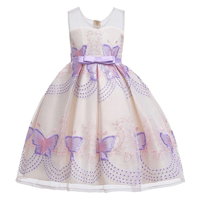 A purple and white dress with butterflies on it