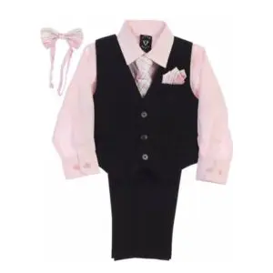 A black suit with pink shirt and vest