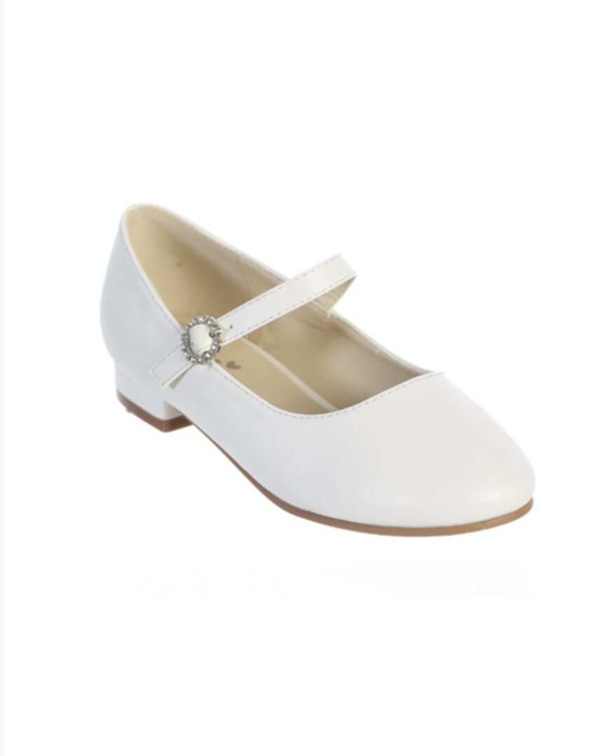 A white shoe with a strap around the ankle.