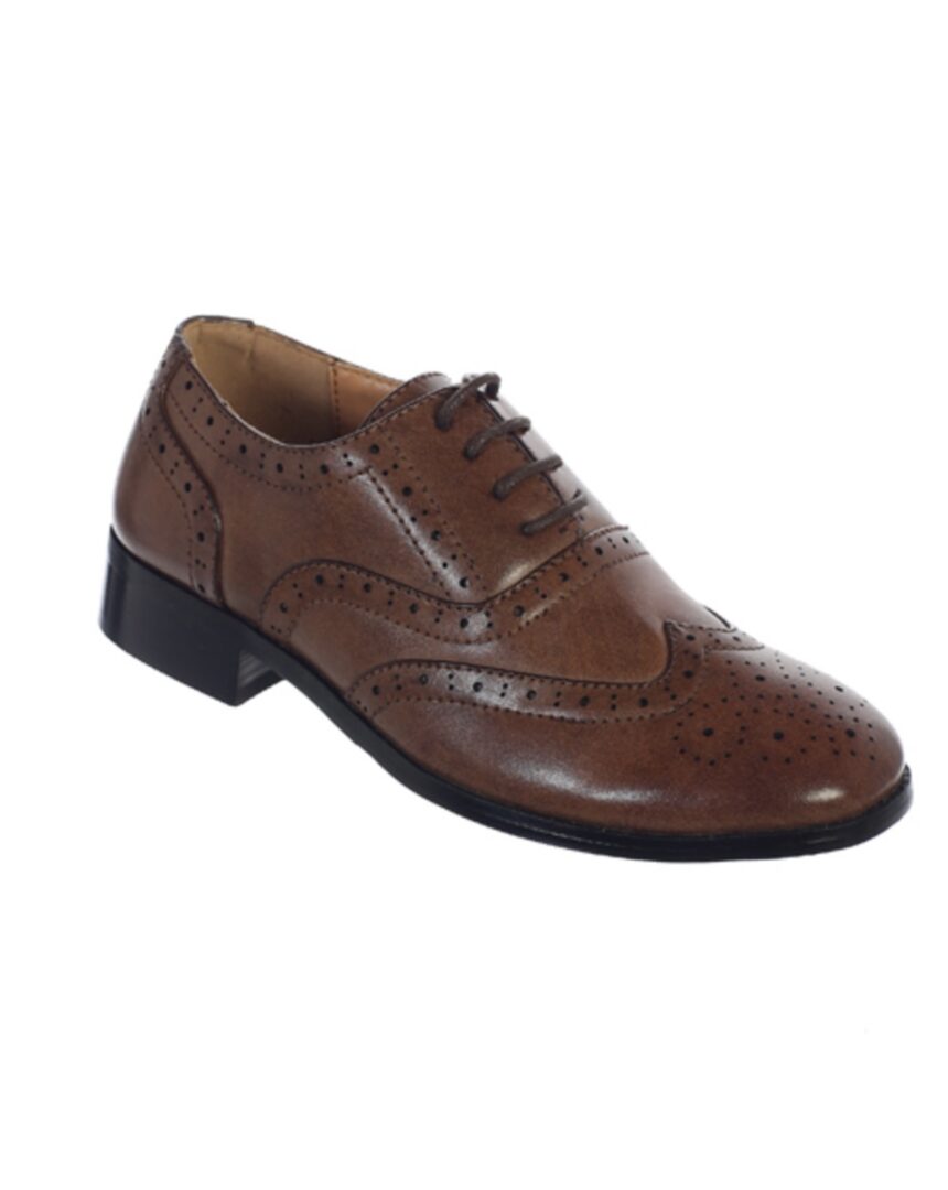 A brown shoe with black sole and laces.