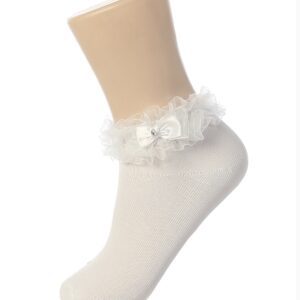 A pair of white socks with ruffles and bows.