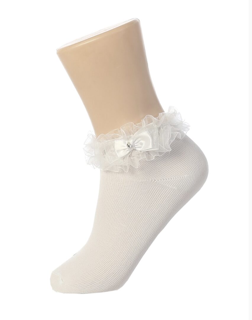 A pair of white socks with ruffles and bows.