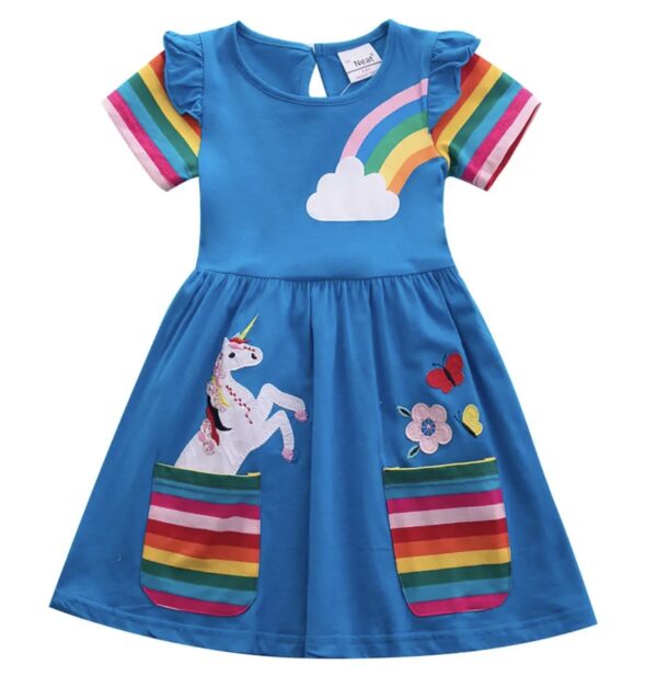 A blue dress with rainbow and unicorn on it.