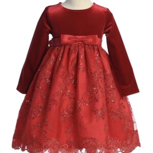 A red dress with long sleeves and a bow.