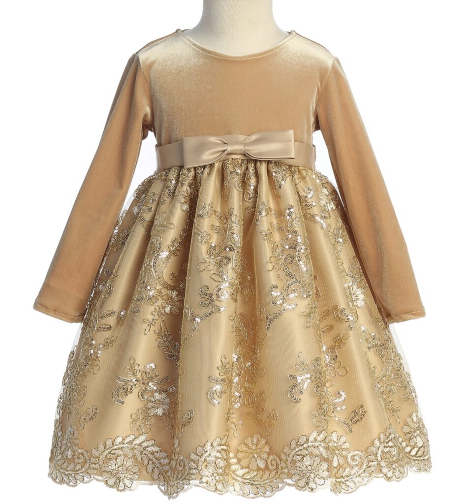 A gold dress with long sleeves and bow