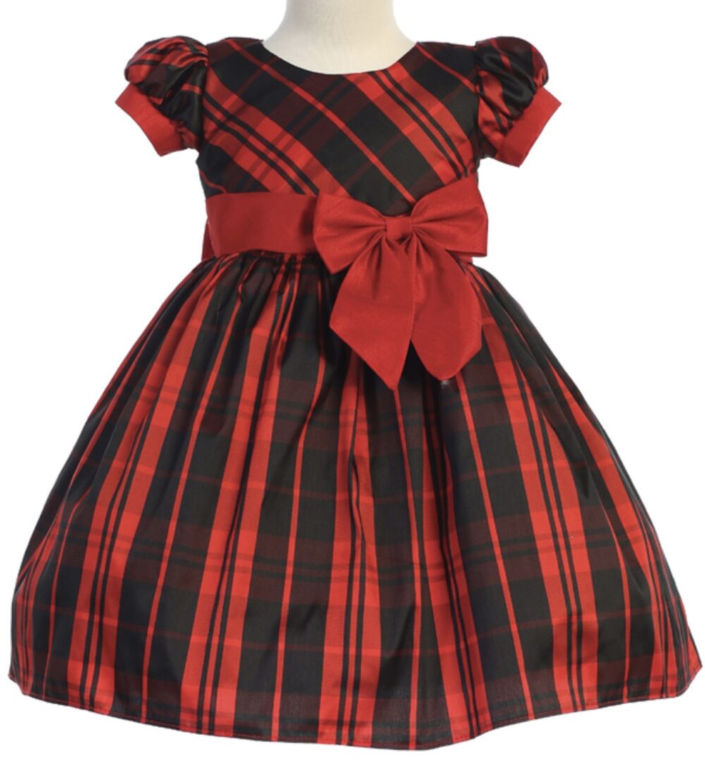 A red and black dress with a bow on the waist.