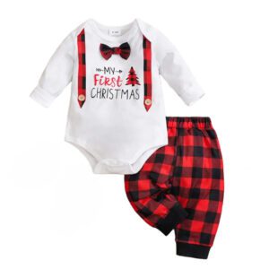 A baby boy wearing a red and black plaid outfit.