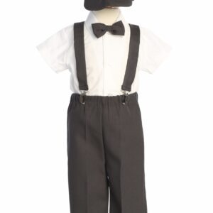A little boy wearing black suspenders and a hat.