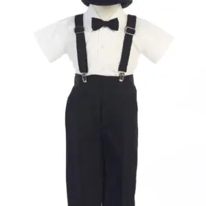 A little boy wearing black suspenders and a bow tie.