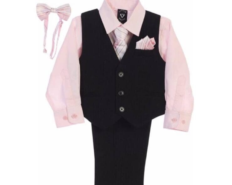 Child's black vest suit, pink shirt and tie