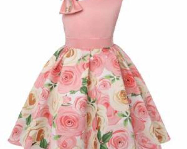 Pink sleeveless dress with rose-print skirt